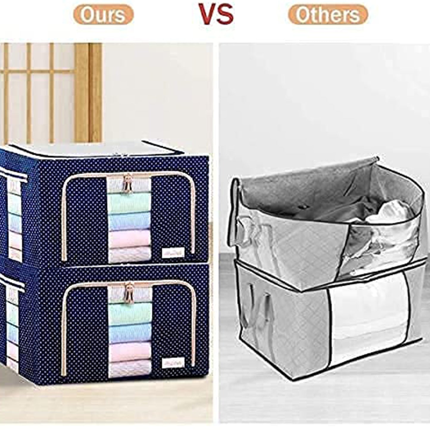 Foldable Steel Frame Clothes Living Storage Organizer Handled Bag Box For Large Size Bedding Blankets Women Saree Toys  Cloth Storage Box  Bag (66 Liter) - Happy Price - Image 3