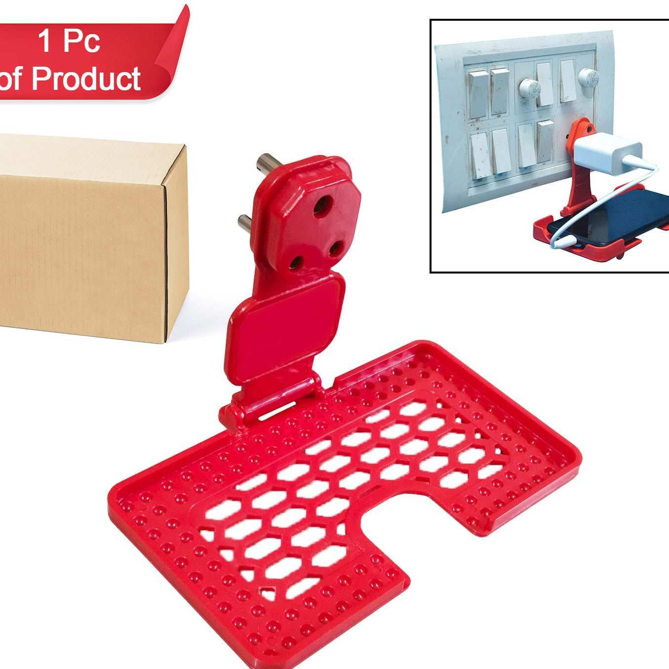 Multi-purpose Wall Holder Stand For Charging Mobile Just Fit In Socket And Hang (Red) - Happy Price - Image 1