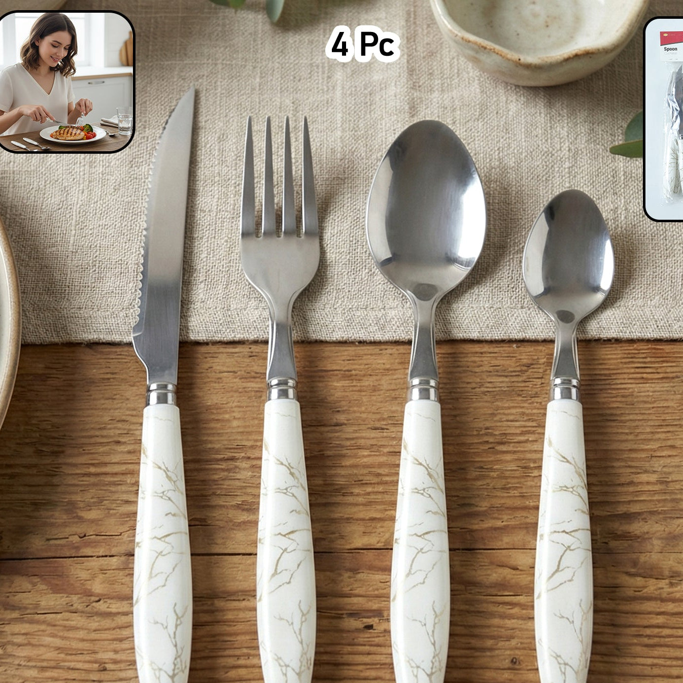 Stainless Steel Cutlery Set With Marble Design Handle (4 Pc  Set)