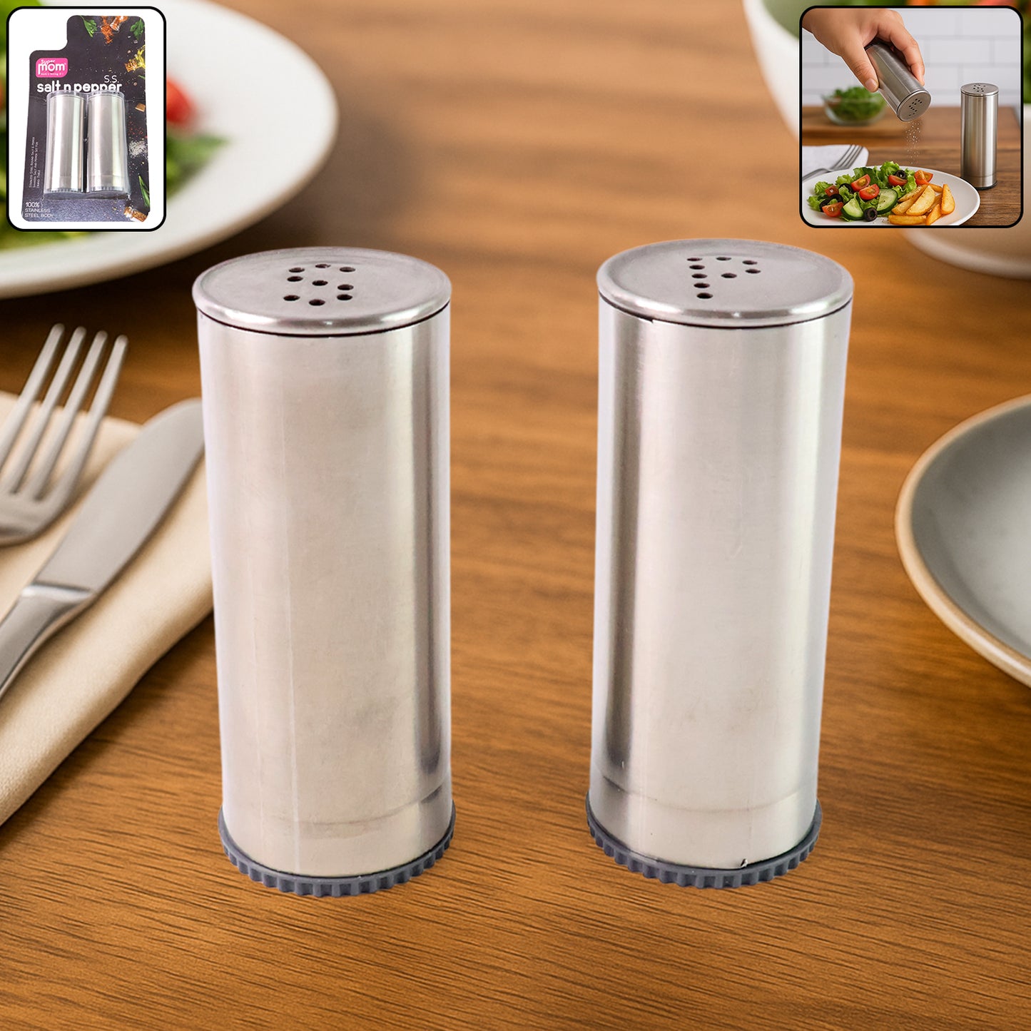Stainless Steel Salt & Pepper Shakers Set - 2 Piece Cylindrical Spice Dispensers - Happy Price - Image 2