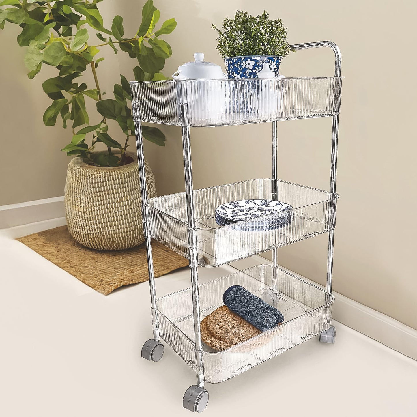 3-Tier Rolling Storage Trolley with Wheels - Metal Frame & Transparent Baskets - Happy Price - Image 3