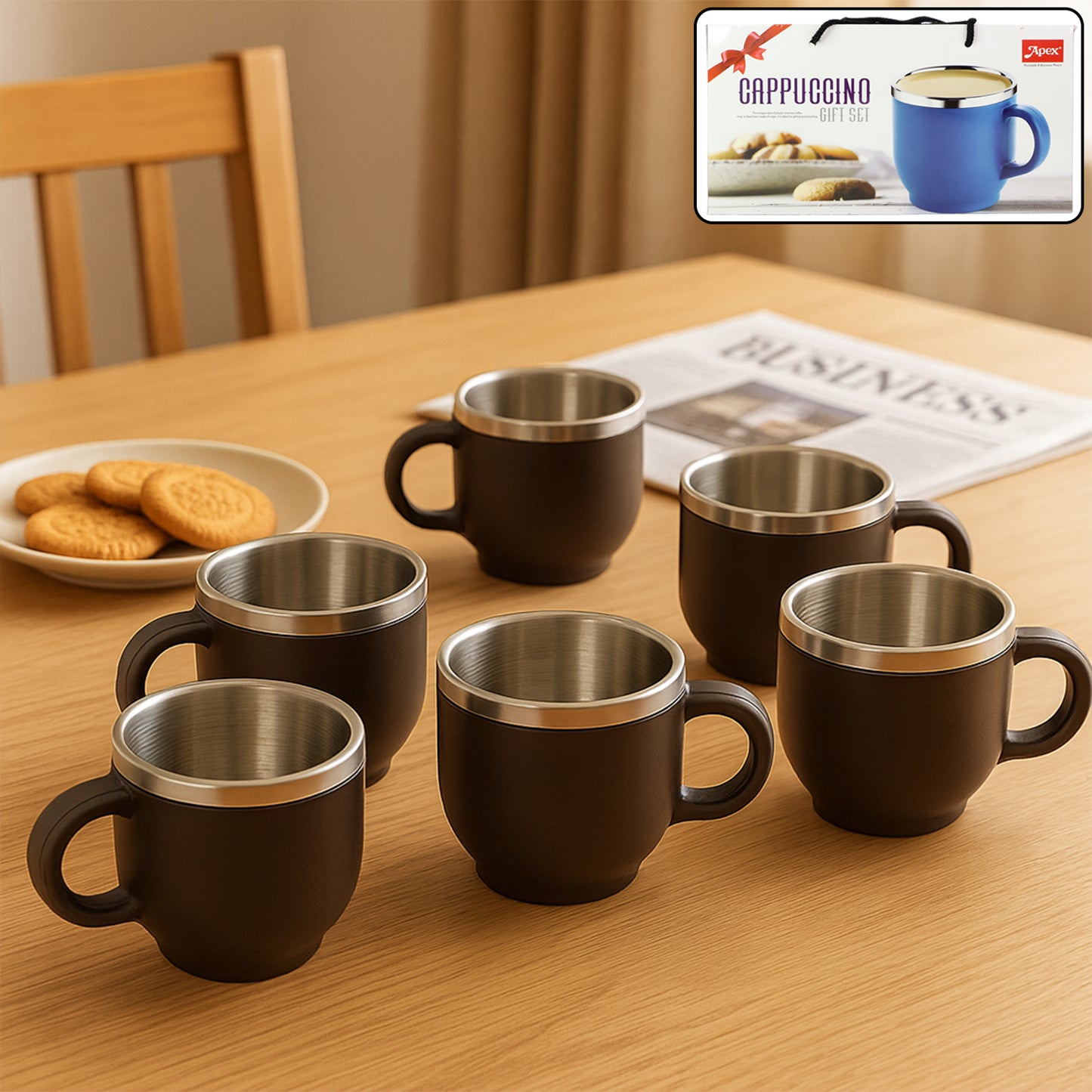 Apex 6 Pc Double Wall Stainless Steel Cappuccino Mugs Set, 100 ML Each, Brown Finish - Happy Price - Image 7