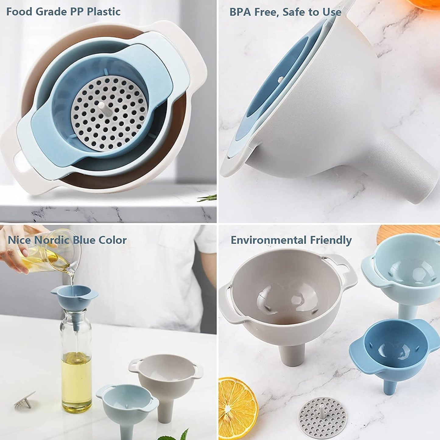 3 In 1 Kitchen Funnel Set Of 3 Funnel For Filling Bottle Small Canning Funnel With Handle Food Grade Plastic Funnel With Detachable Strainer Filter For Liquid Dry Ingredients And Powder - Happy Price - Image 3