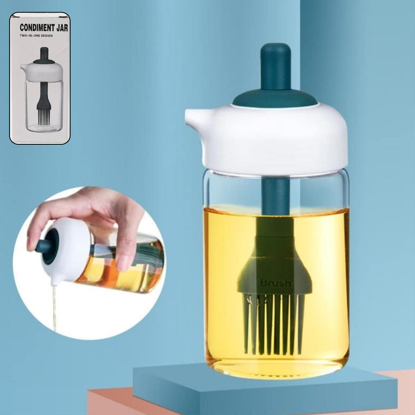 2 In 1 Glass Oil Dispenser Jar  Bottle With Brush (1 Set) - Happy Price - Image 2