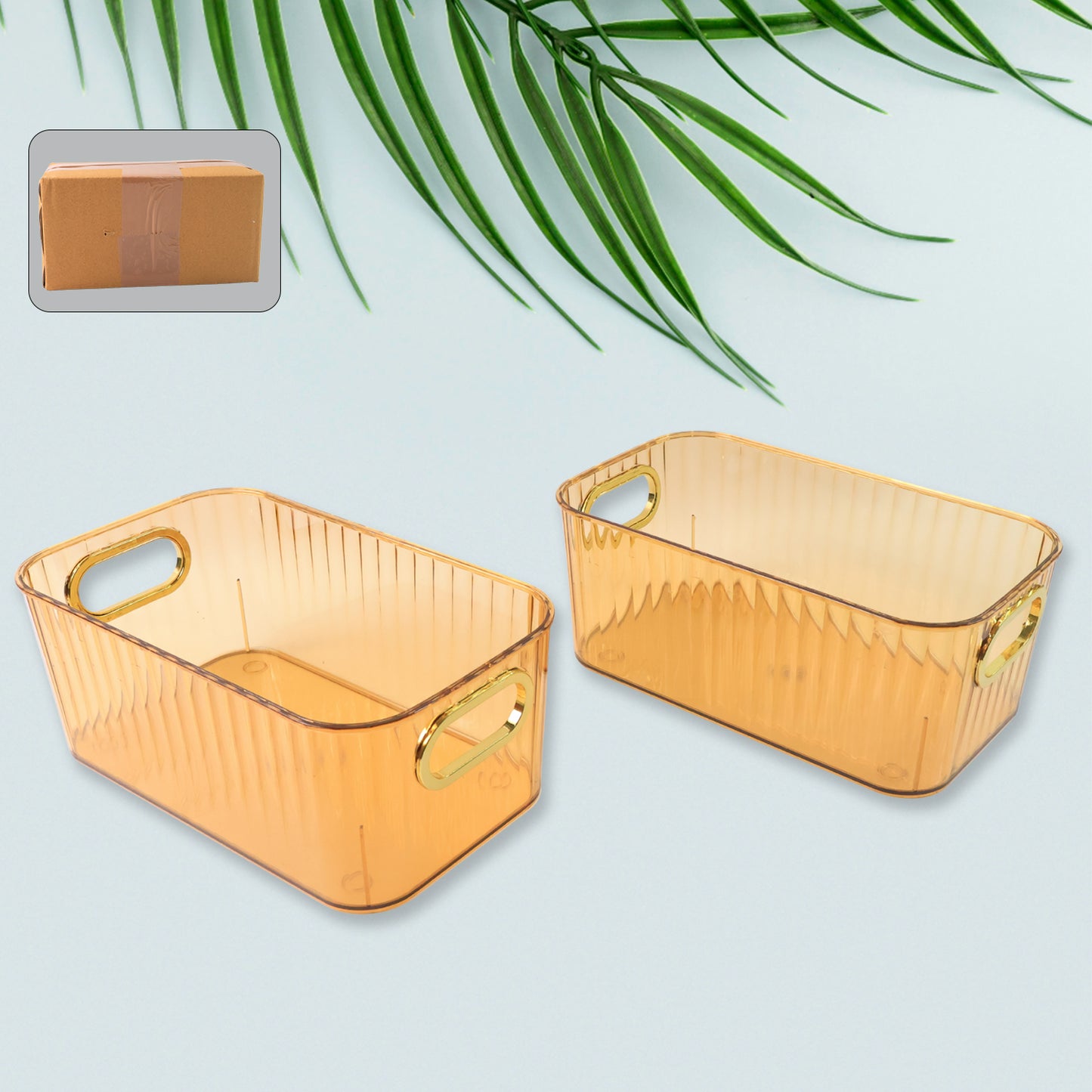 Premium Ribbed Transparent Storage Basket With Gold Handle  Multipurpose Kitchen Amp Home Organizer Box (25x14cm  2 Pc) - Happy Price - Image 6