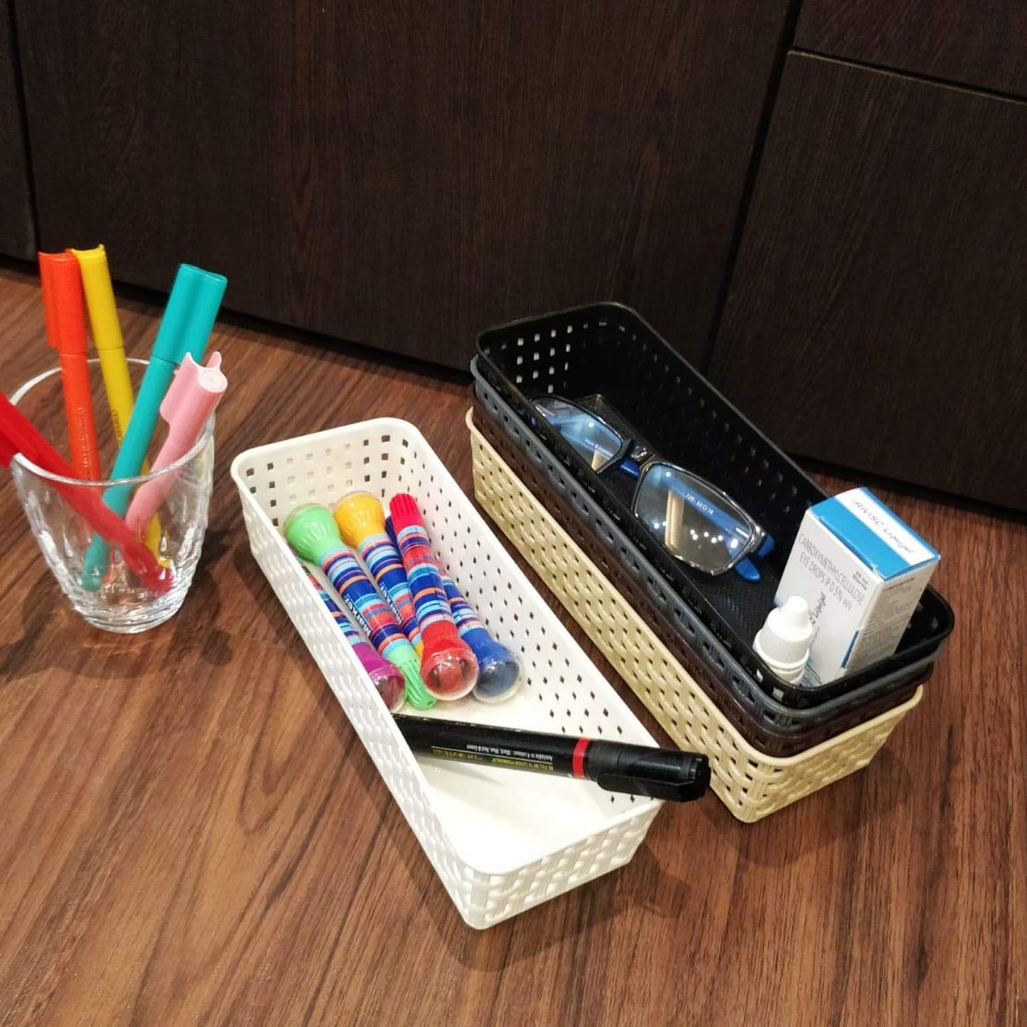 Plastic Multipurpose Desk Organizer Tray Office Drawer Dividers Storage Bins For Kitchen Bathroom Office Makeup Bedroom Dresser Craft Basket Rack Multicolour (6 Pcs Set) - Happy Price - Image 3