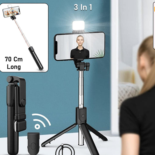 3-in-1 Wired Selfie Stick with Tripod and Light, Extends to 70cm - Happy Price - Image 1