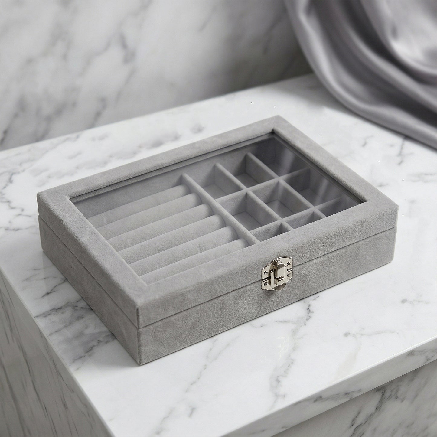 Premium Velvet Jewellery Organizer Box With Transparent Lid