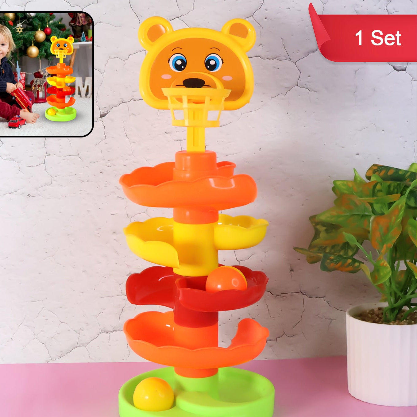Colorful Bear Face Ball Drop Tower Toy for Toddlers - Educational Stacking Spiral Playset - Happy Price - Image 1