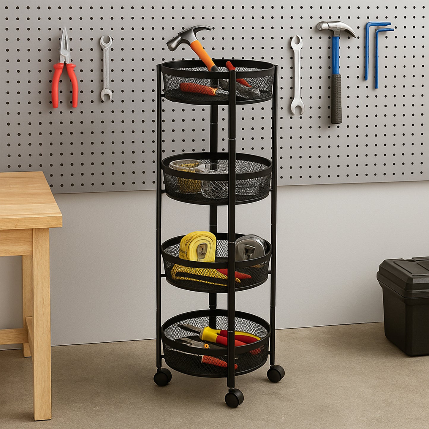 4-layer Round Metal Mesh Storage Organizer Rack With Wheels (1 Pc) - Happy Price - Image 4