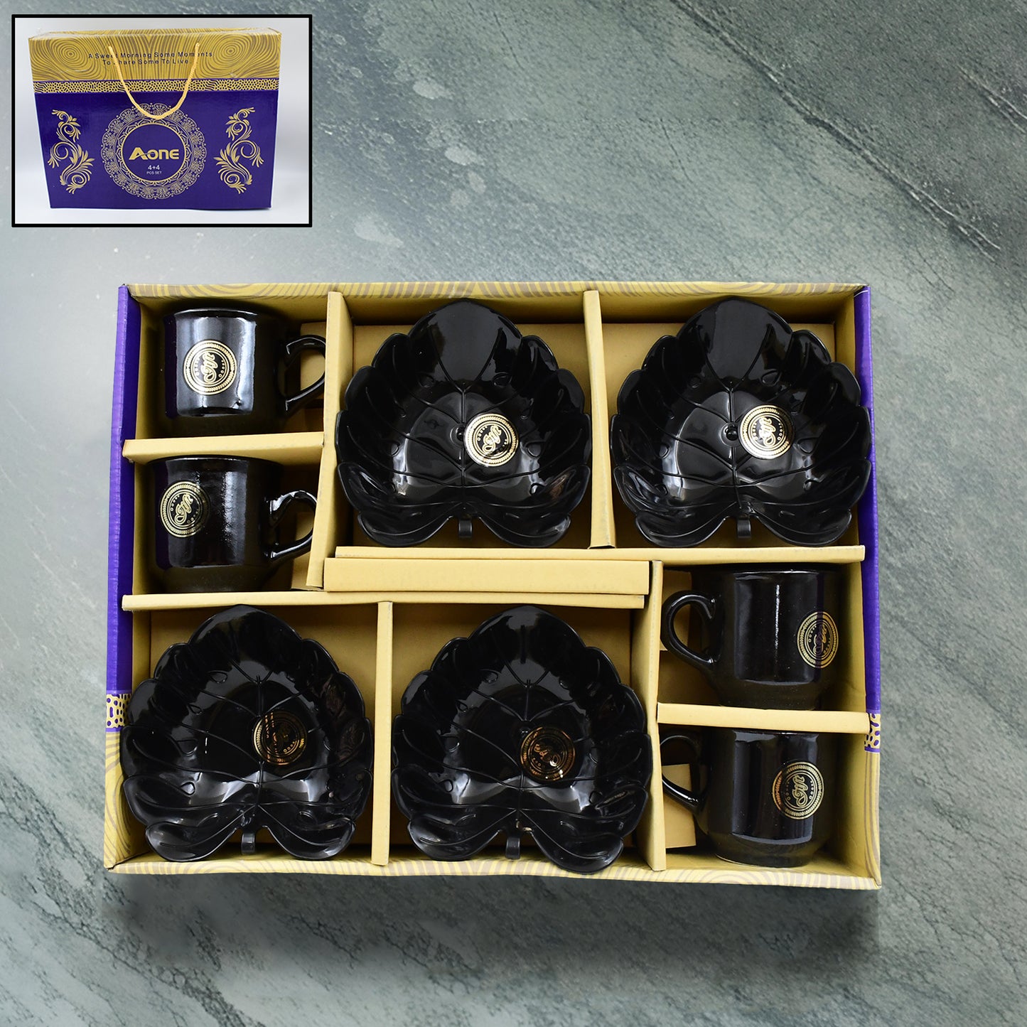 A One Ceramic Tea  Cups  Mug Set With Leaf Shape Serving Bowl (8 Pcs Set) - Happy Price - Image 2