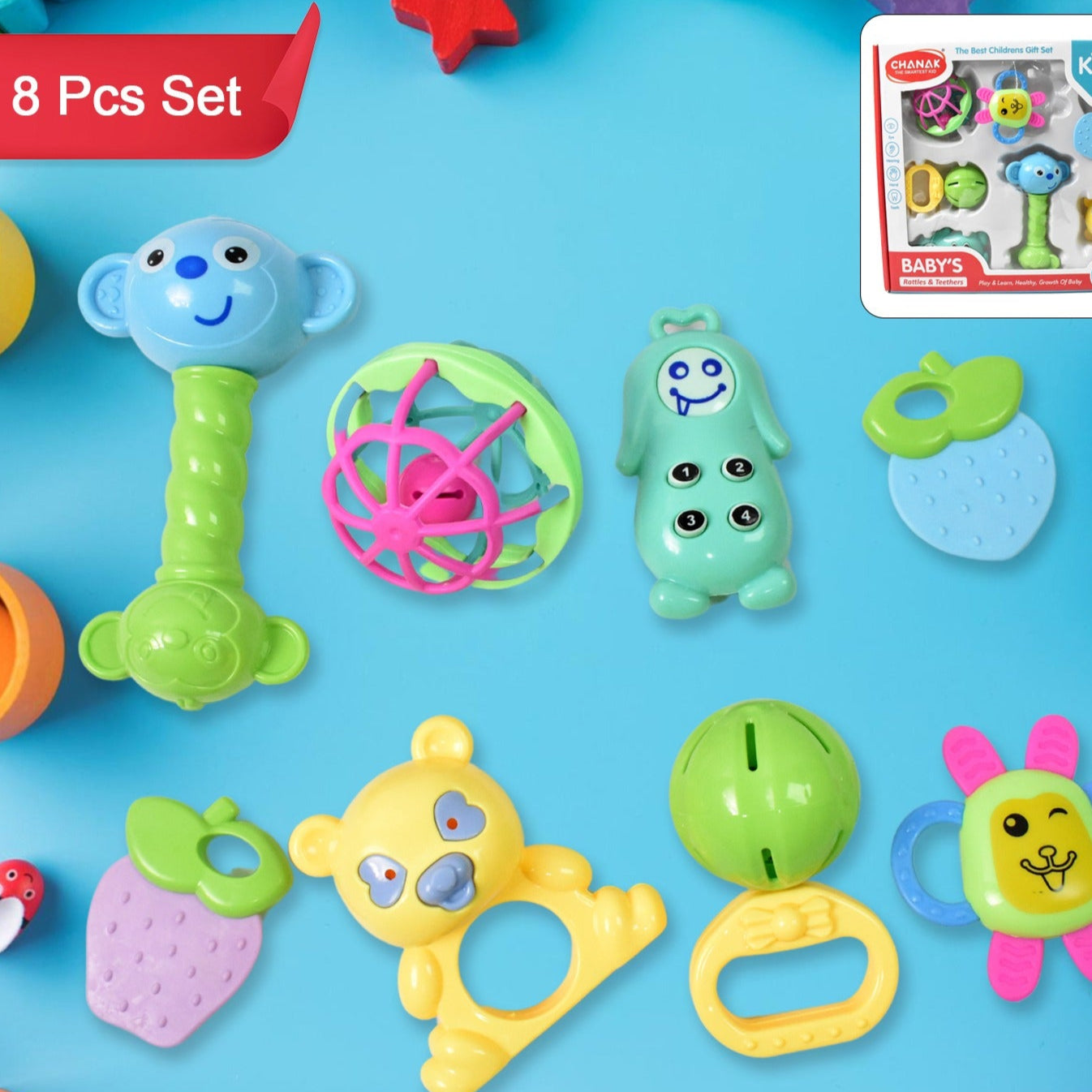 Kinder Rattles Classic Store Plastic Non-toxic Shake And Grab Ball Baby Rattles  Teethers (8 Pcs Set) - Happy Price - Image 1