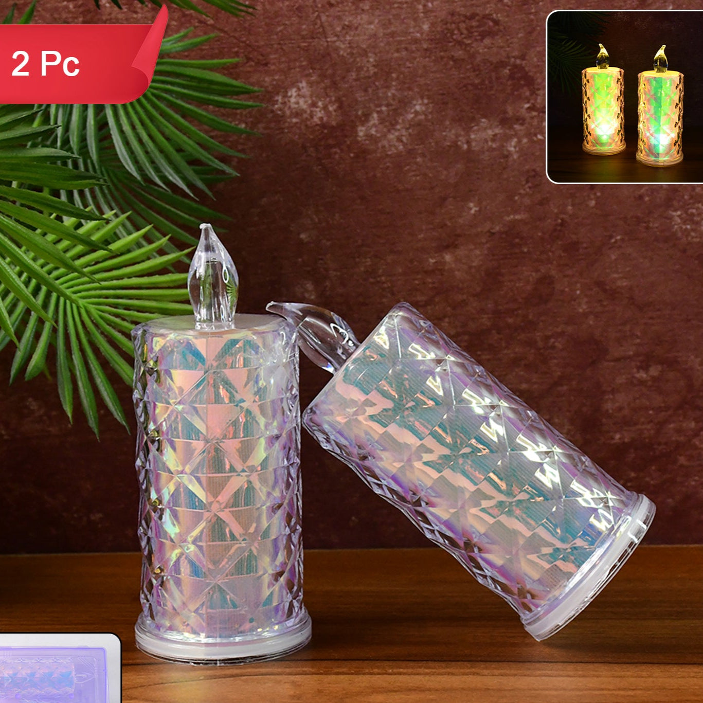 Decorative LED Candle Lights Set of 2 with Holographic Finish - Battery Operated Flickering Flameless Candles for Home Decor & Parties - Happy Price - Image 1