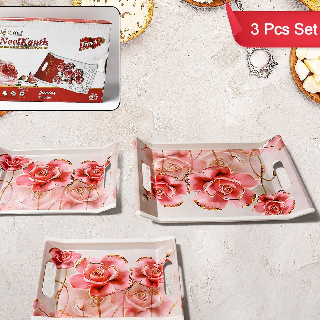 Plastic Rectangular Shape Flower Printed Design Serving Tray 3 Pcs Home And Kitchen Use (3 Pcs Set) - Happy Price - Image 2
