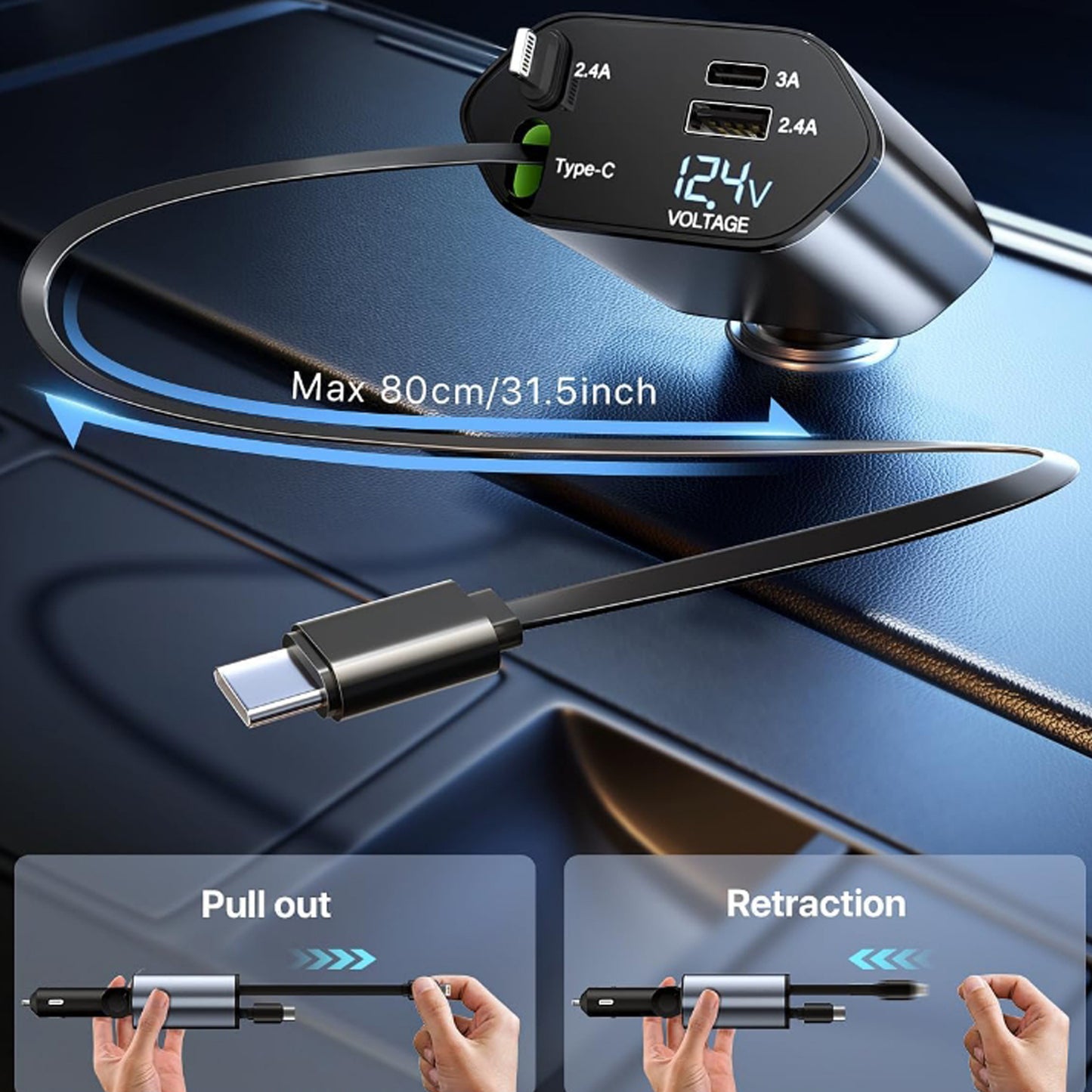 4-in-1 Car Charger with Dual Cables, Dual USB Ports & LED Display - 120W Fast Charging - Happy Price - Image 5