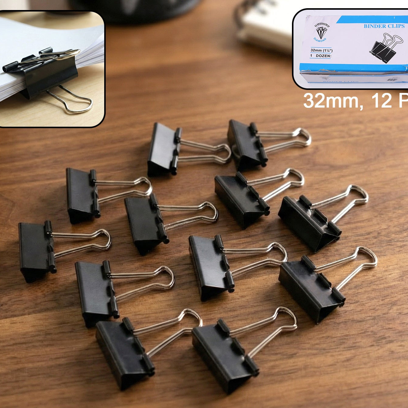 Heavy-Duty Black Binder Clips - 32mm, 12 Pc Set for Secure Paper Stacking - Happy Price - Image 1