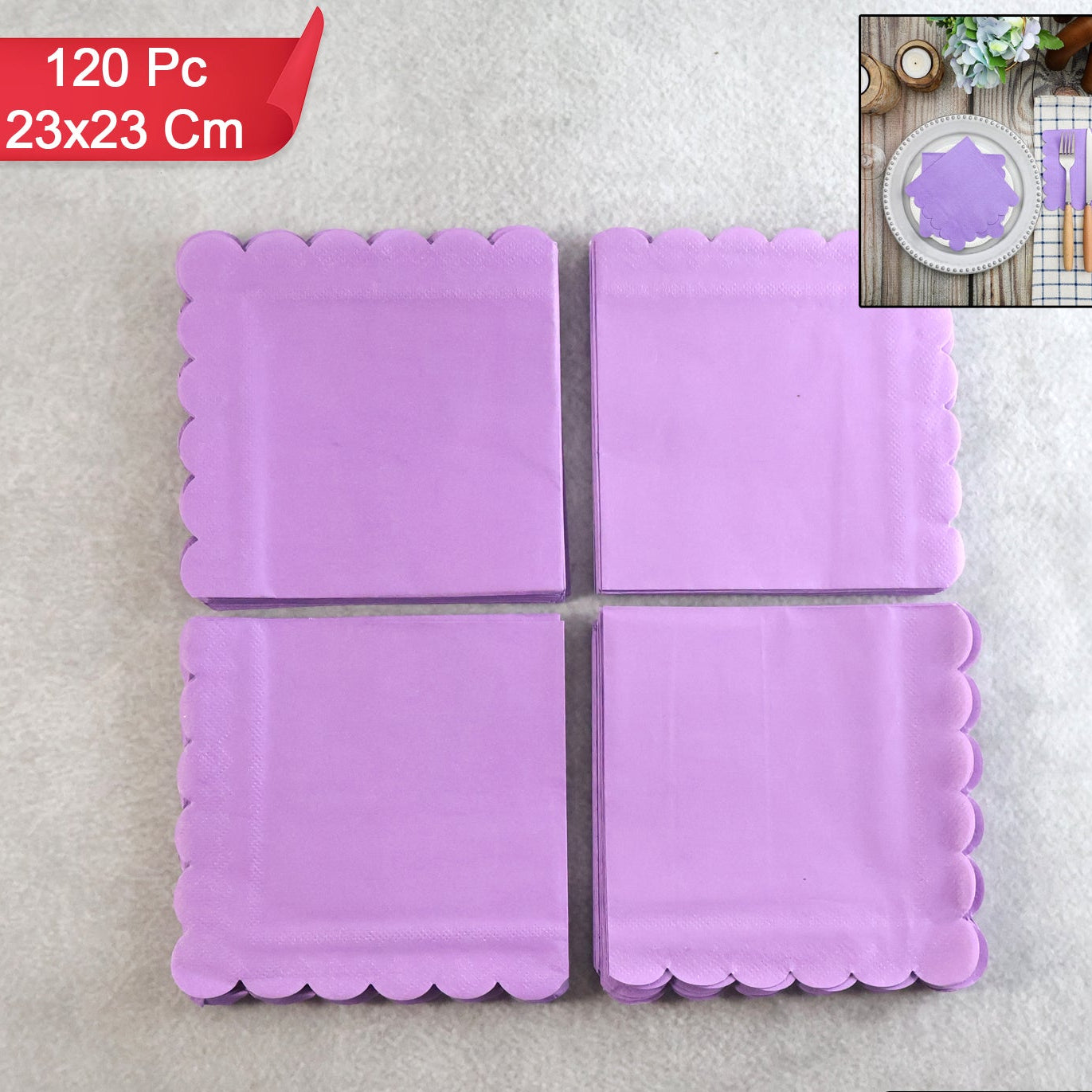 Lilac Scalloped Paper Napkins - 120 Pcs Party Tableware (23 x 23 Cm) - Happy Price - Image 1