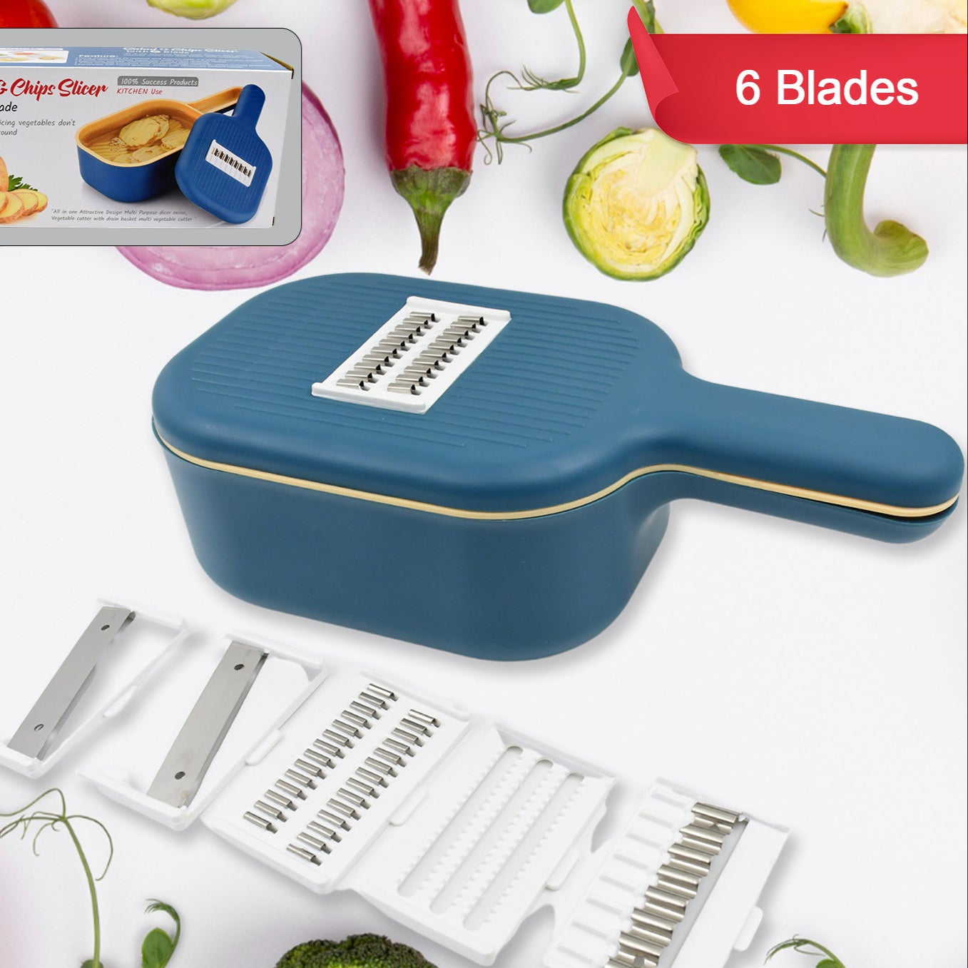 Vegetable Slicer Cutter - 6 Blades Kitchen Accessories Tools  Appliances With Container  Handle (1 Set) - Happy Price - Image 1