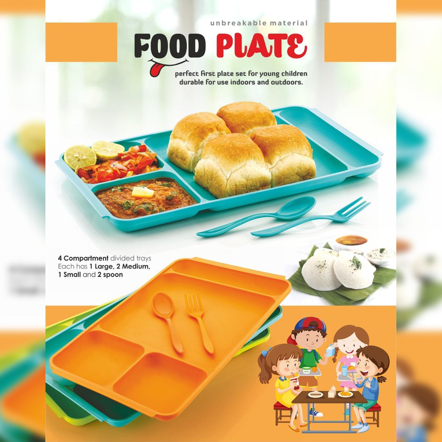 4compartment Dish With Spoon And Fork(1 Dish Set With 1spoon And 1fork) Dinner Plate Plastic Compartment Plate Pav Bhaji Plate 4-compartments Divided Plastic Food Plate. - Happy Price - Image 4