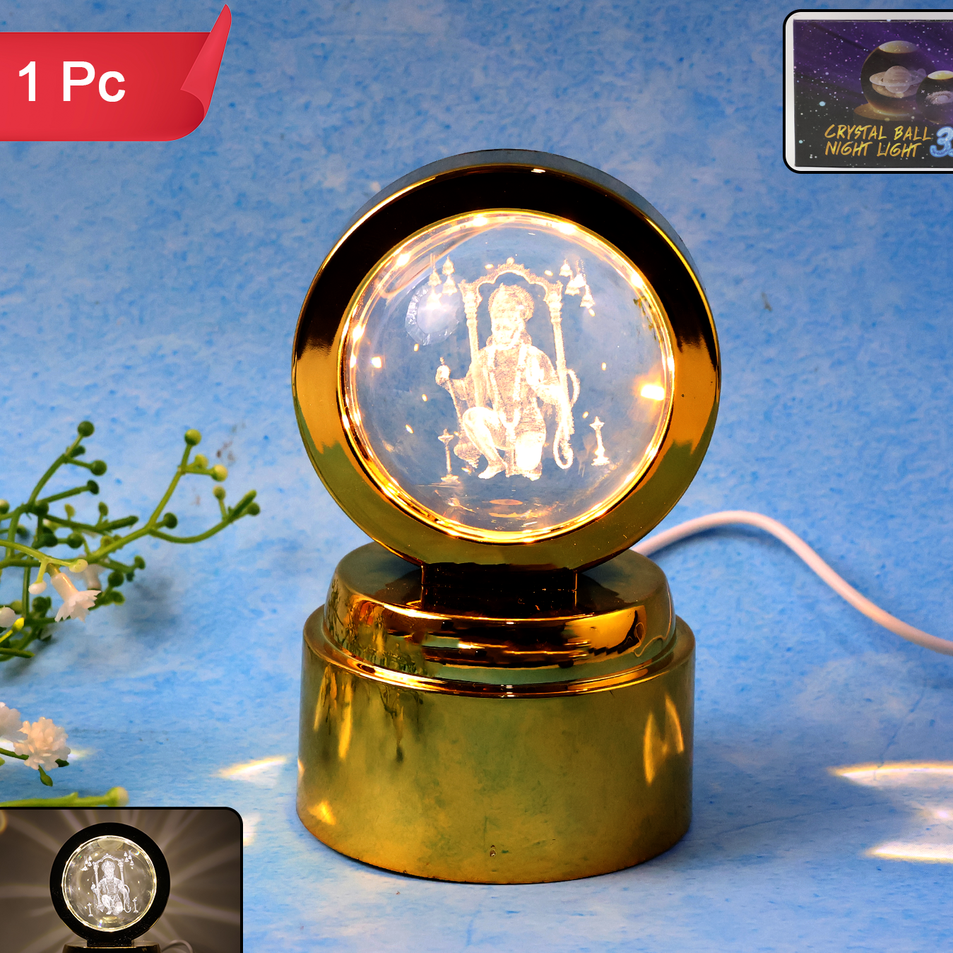 Bajrang Bali 3d Crystal Ball Night Light With Led Illumination (1 Pc)