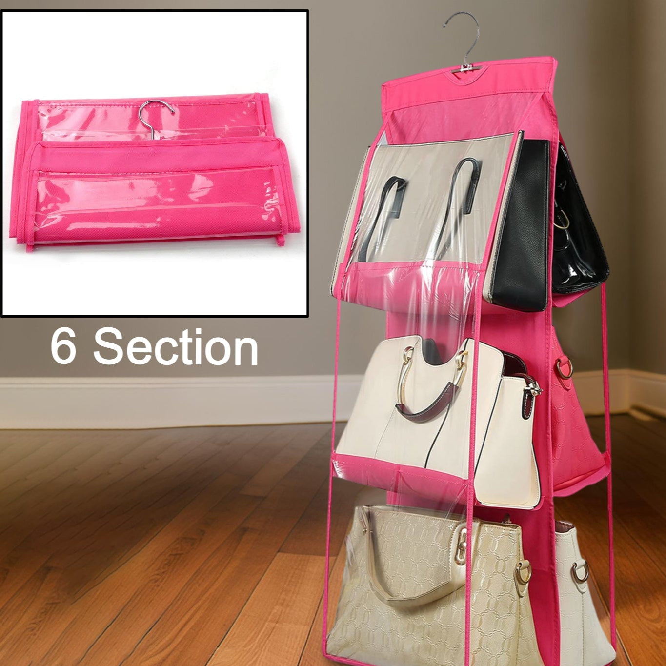6 Pockets Hanging Purse Handbag Organizer Clear Hanging Shelf Bag (1 Pc) - Happy Price - Image 1