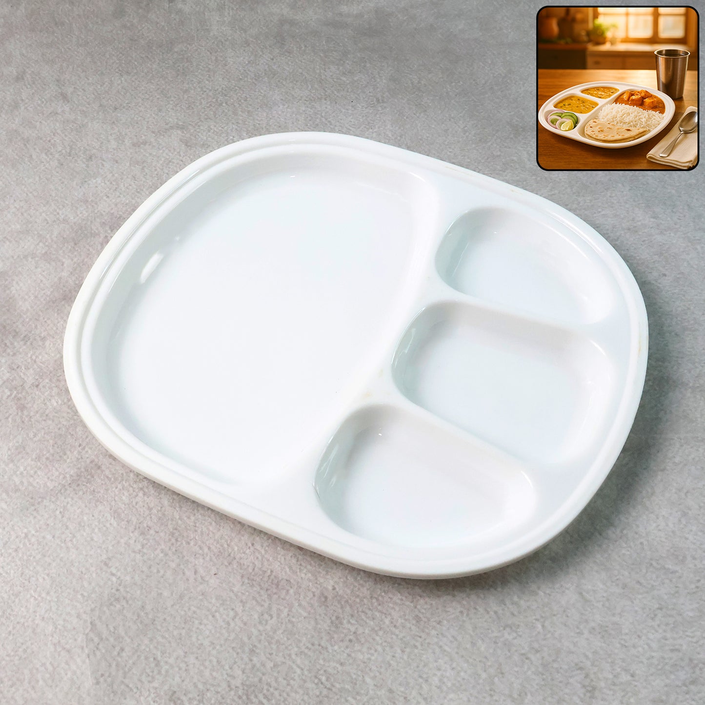 4 Section Plastic Thali Plate - Large Compartment Dinner Serving Dish (31x28 cm, White) - Happy Price - Image 2