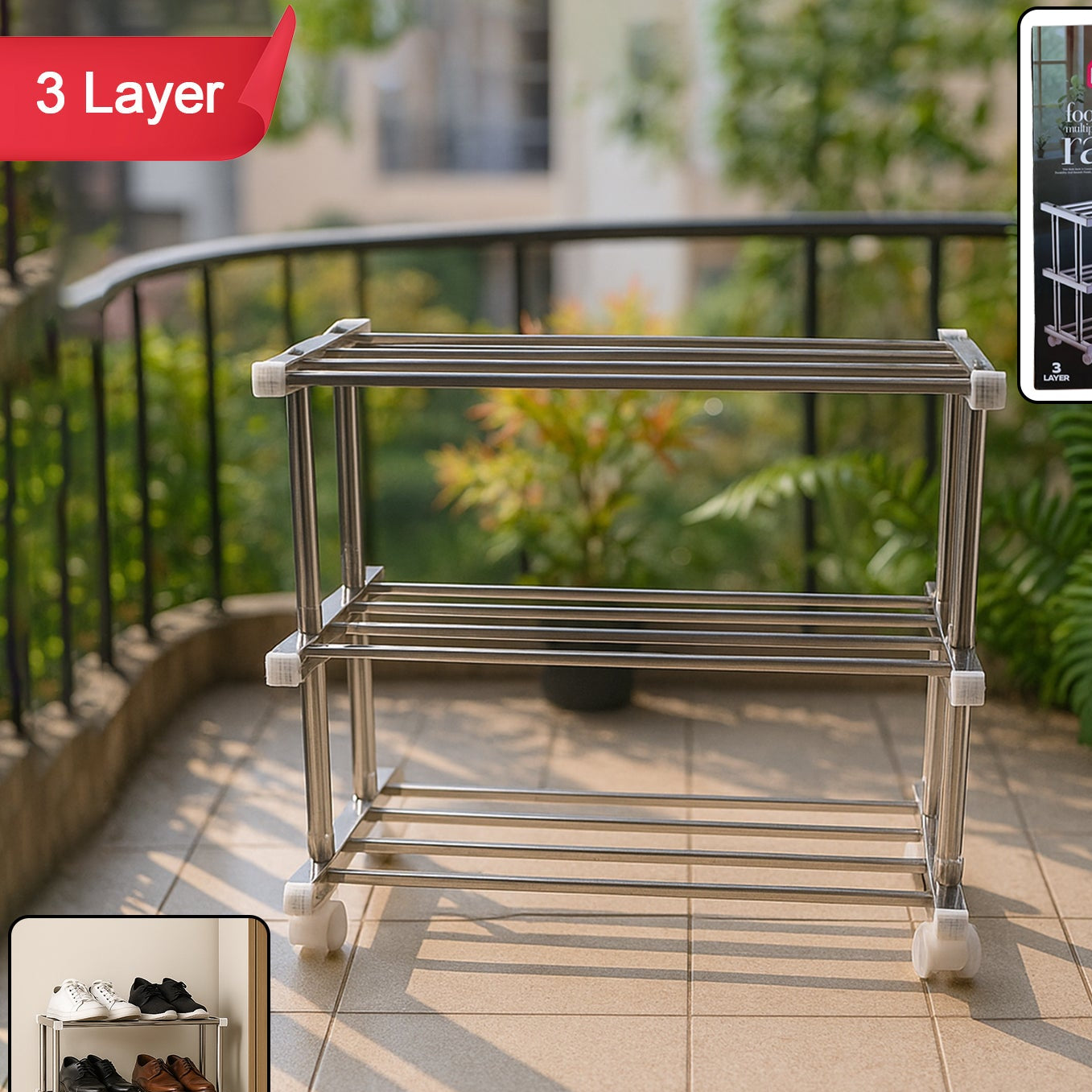 3-Tier Stainless Steel Shoe Rack Organizer - Multipurpose Storage Stand (1 Pc) - Happy Price - Image 1