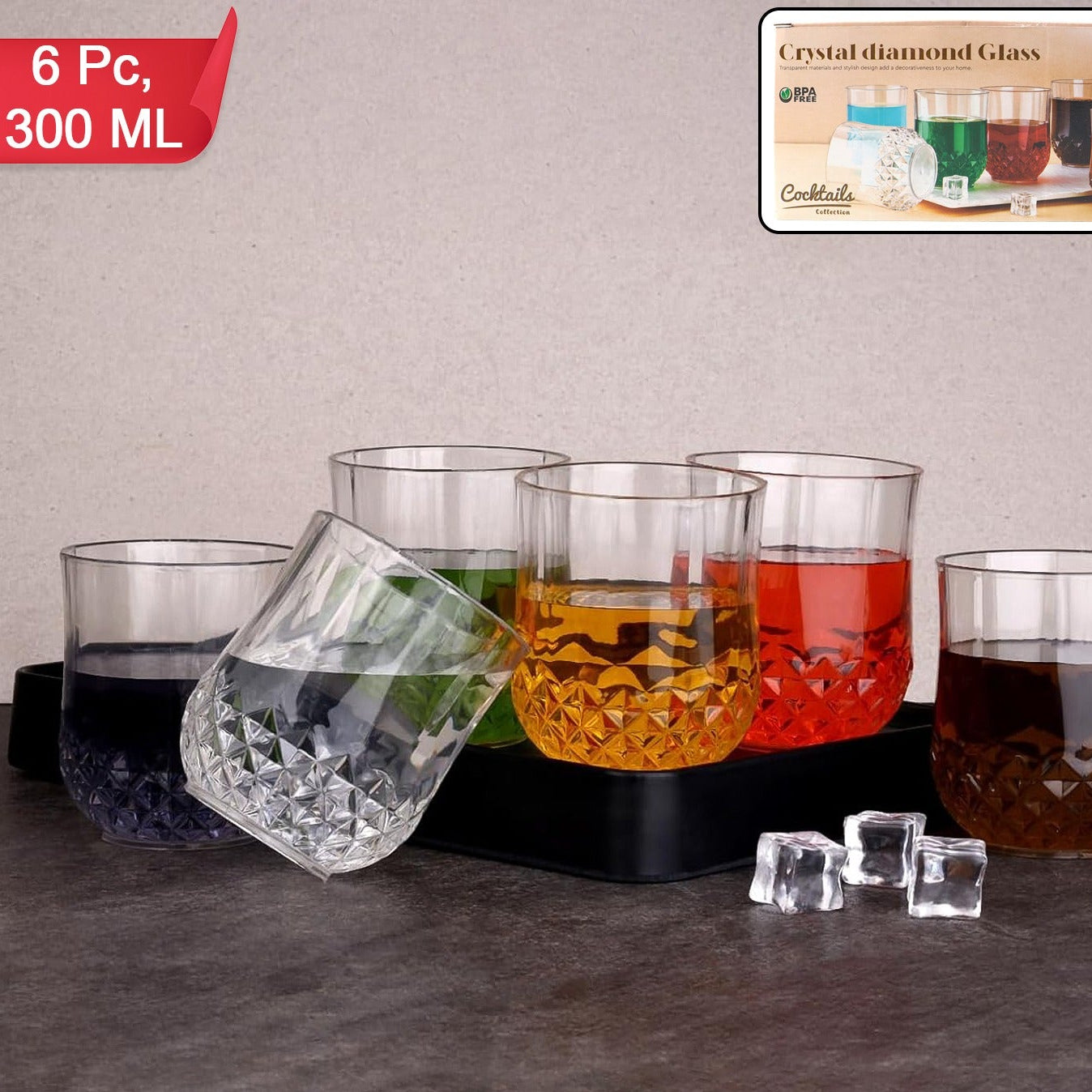 Transparent Diamond Pattern Glass Set - 6 Pcs - Happy Price - Image 1