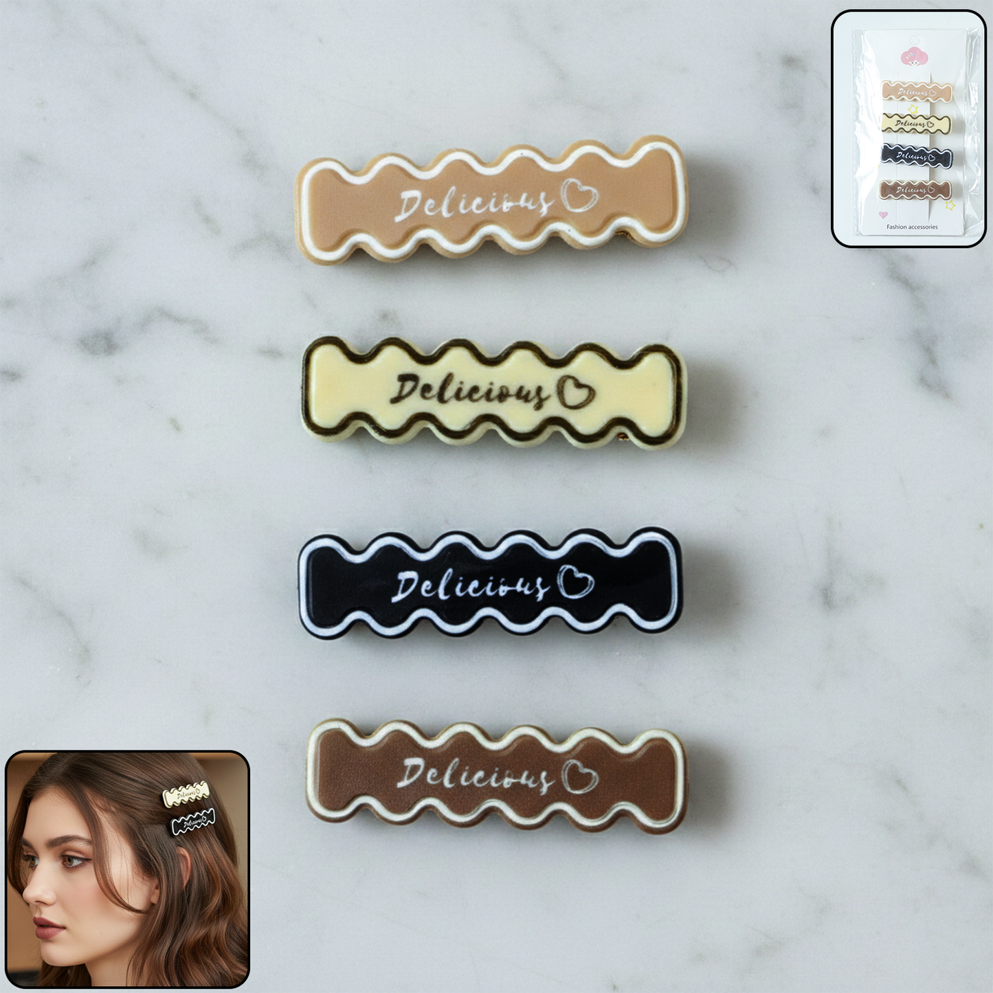 Set of 4 Decorative Wavy Text Hair Clips for Women & Girls - Happy Price - Image 2