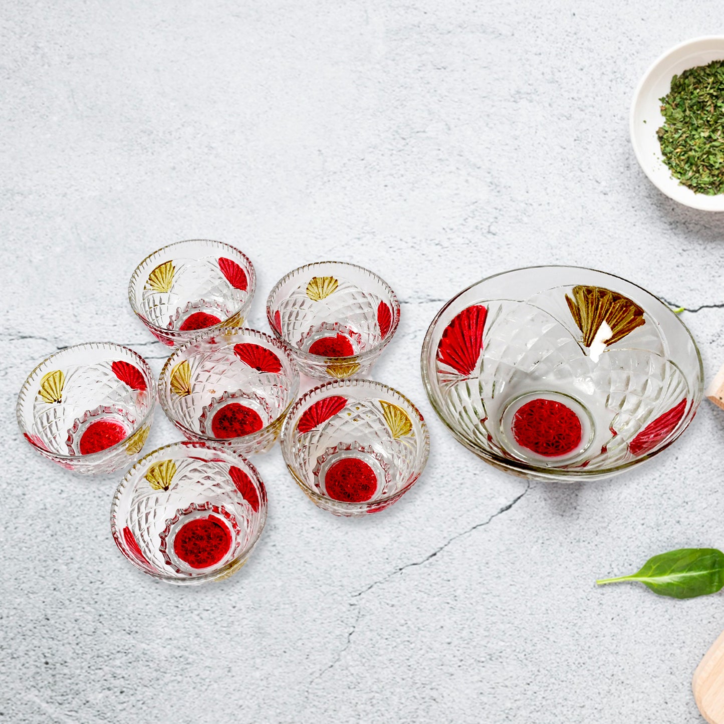 Rose Glass Multipurpose Pudding  Dessert  Ice Cream Bowl Set For Home Use Home  Kitchen Serving Bowl For Sundae Sweets Snacks Fruit Pudding Nuts Or Dip Serving Bowls 6 Medium  1 Big Bowl (Set Of 7 Pc) - Happy Price - Image 6