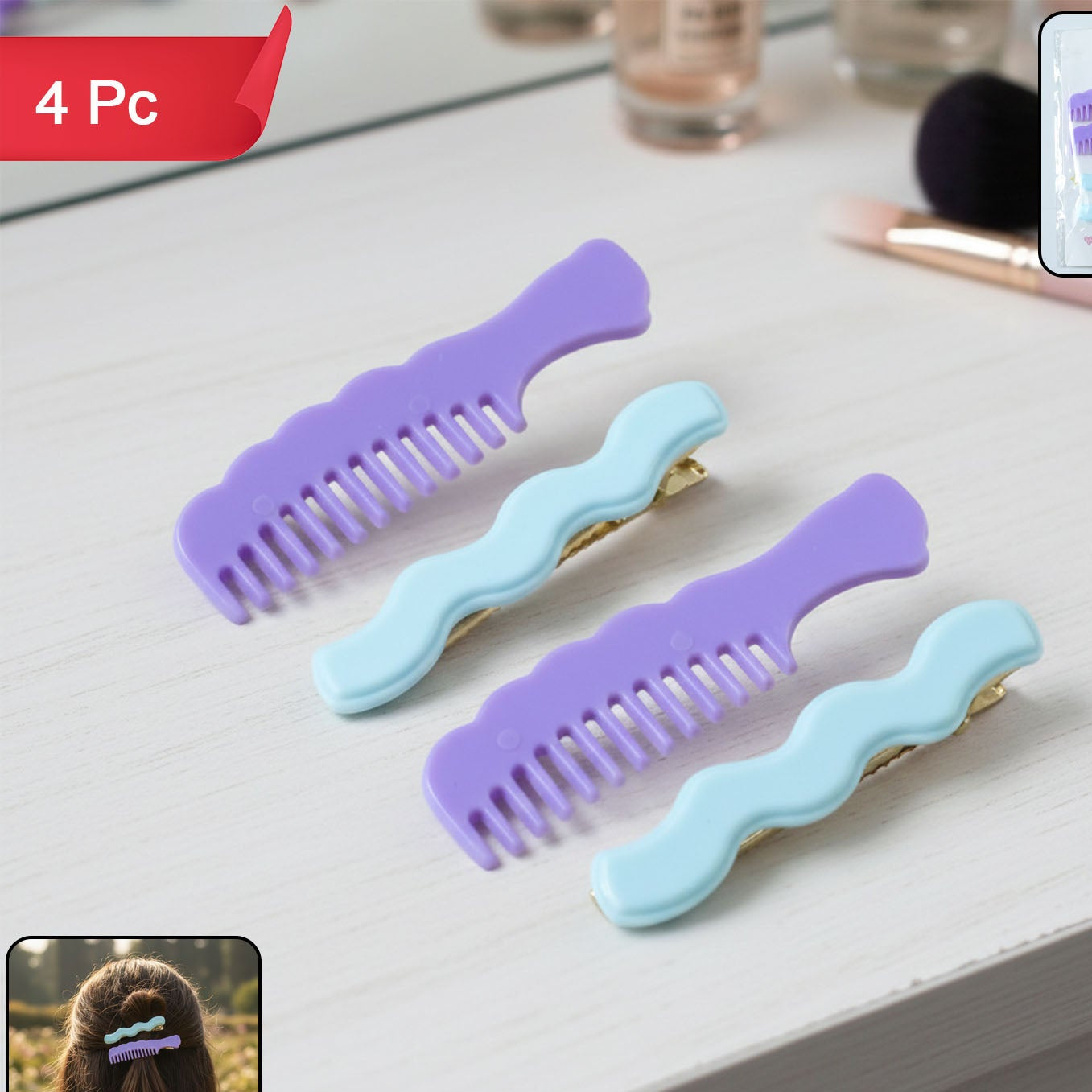 4 Pc Comb Style Hair Clips Set for Women & Girls - Secure Grip Styling Pins - Happy Price - Image 1