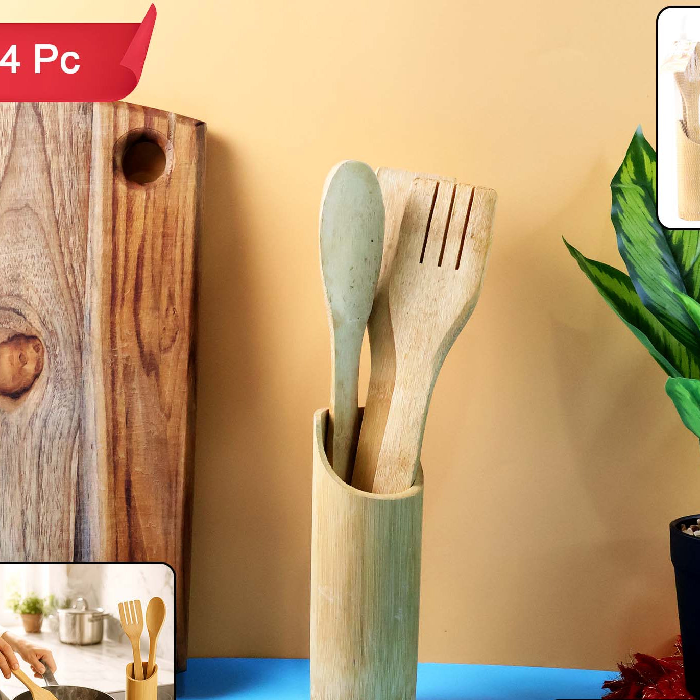 4 Piece Bamboo Cooking Utensil Set with Holder - Eco-Friendly Kitchen Tools