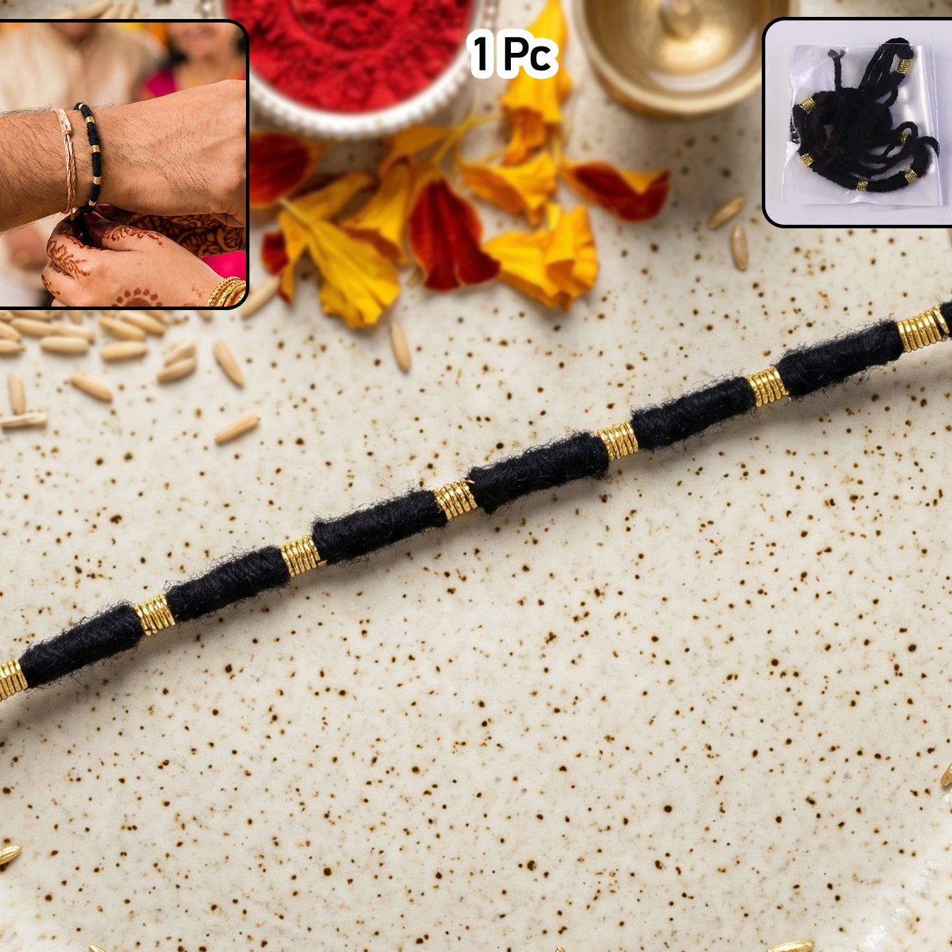 Handmade Black Thread Rakhi with Gold Beads - 1 Piece - Happy Price - Image 1