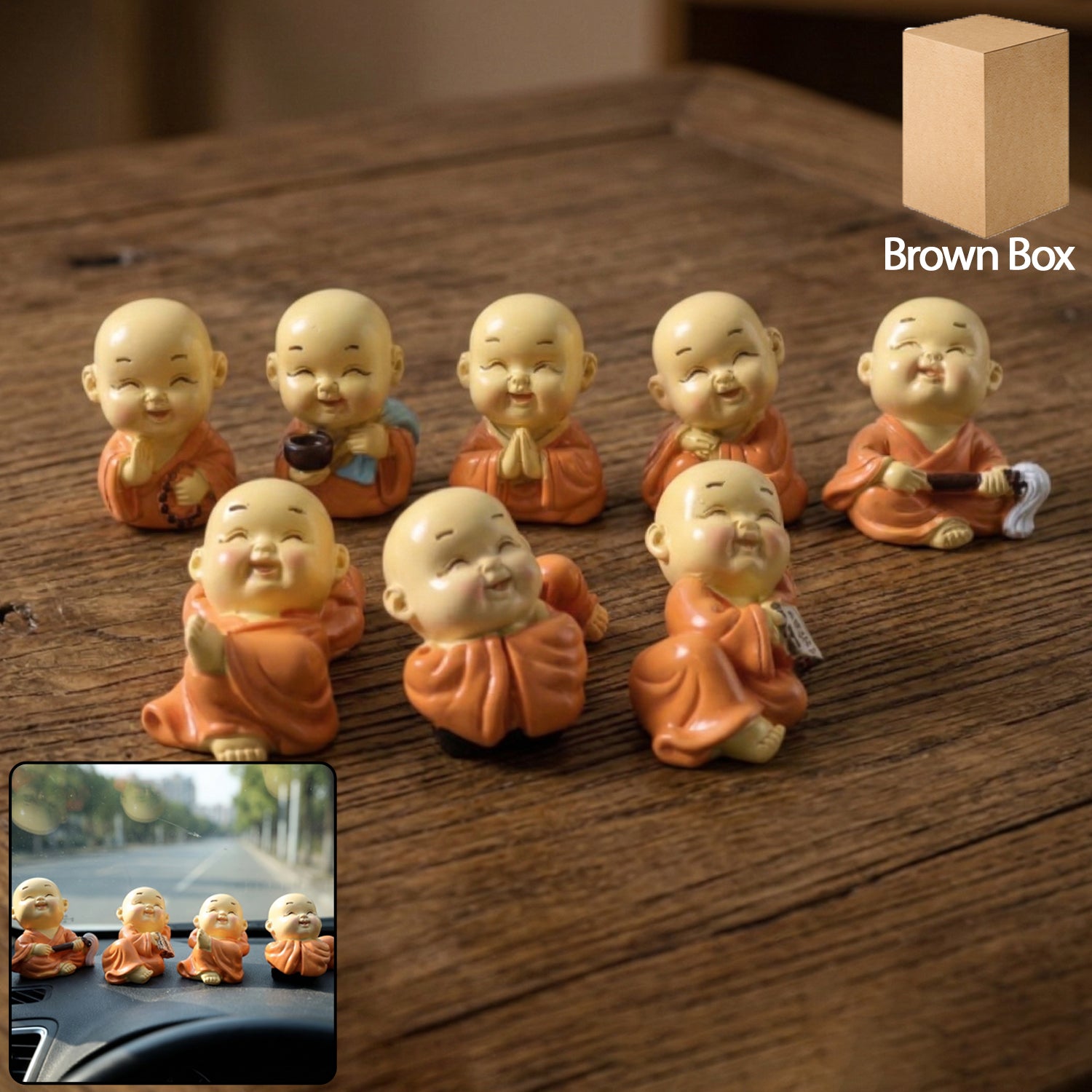Set of 8 Mini Buddha Monk Figurines for Car, Home & Office Decor - Great Price - Image 1