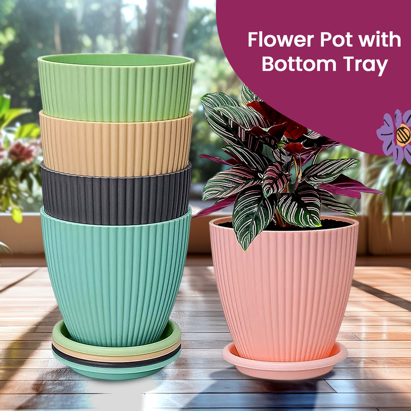 Plastic Flower Pot With Bottom Tray (5 Pcs Set) - Happy Price - Image 2