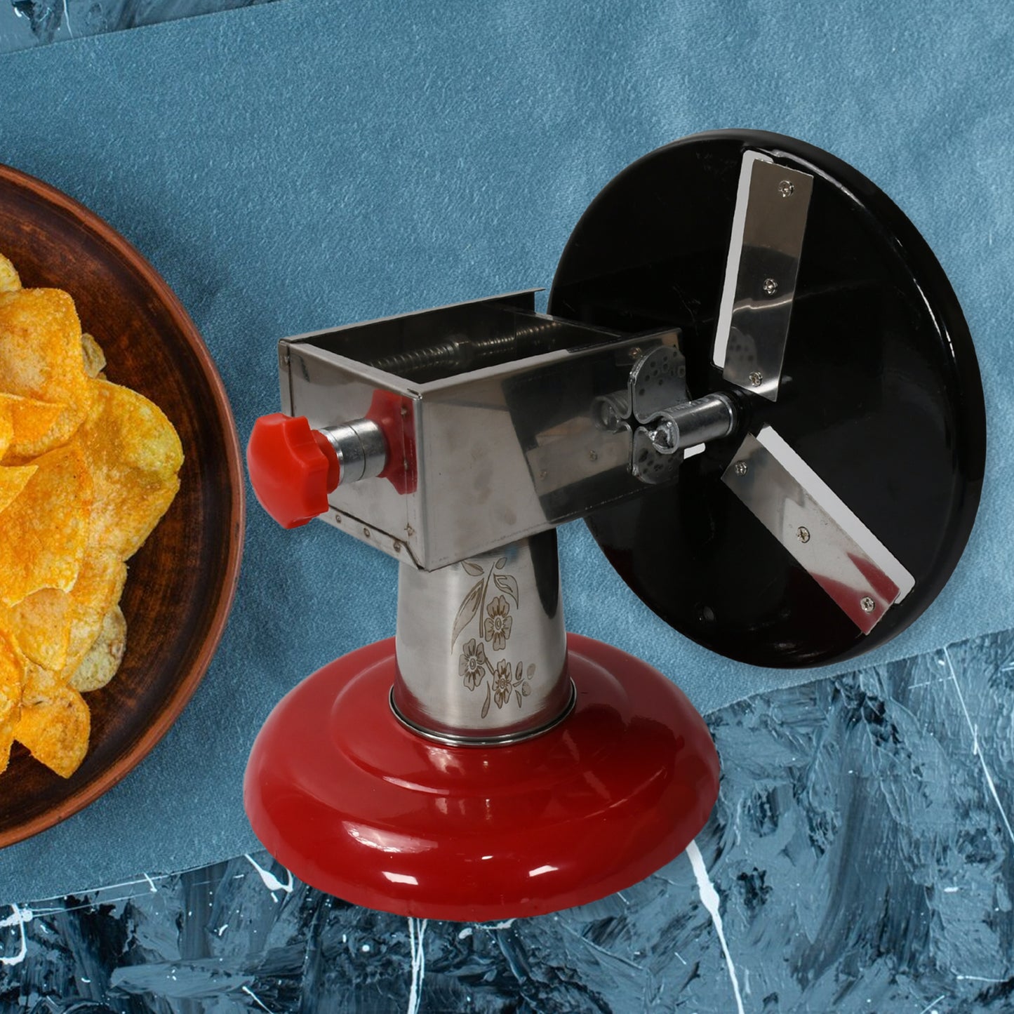 Stainless Steel Chips Maker And Vegetable Slicer For Kitchen Potato Slicer Graters And Chippers. Chips Maker Is Suitable For Vegetable Cuttings. Chips Maker Consist Hard Coated Iron Wheel And Stand. - Happy Price - Image 3