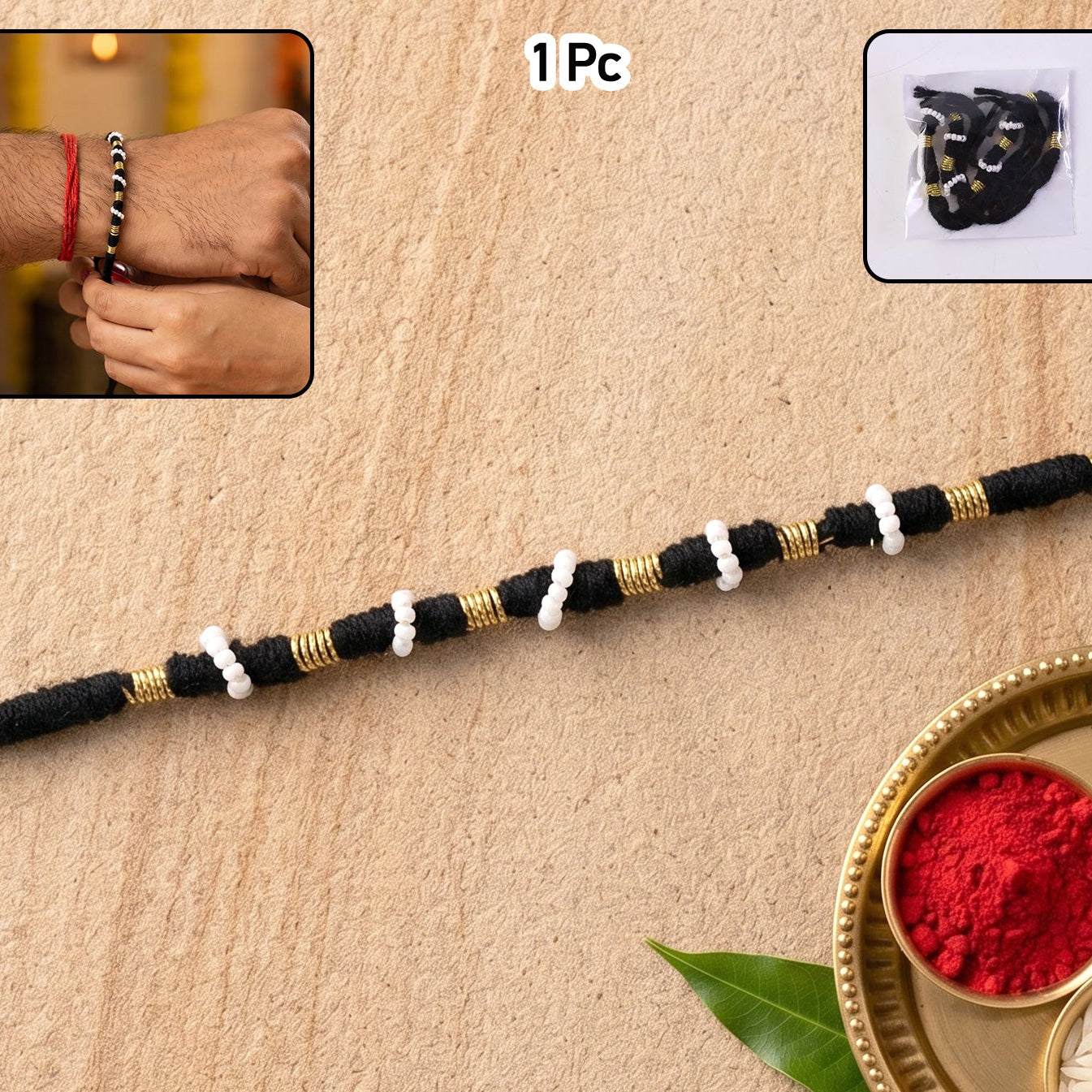 Handmade Black Rakhi Bracelet with White Beads (1 Pc) - Happy Price - Image 1