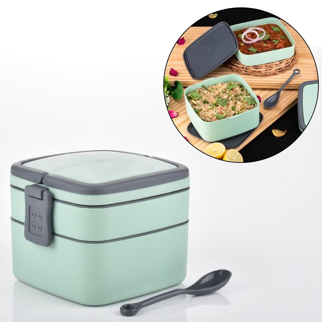 Green Double-layer Portable Lunch Box Stackable With Carrying Handle And Spoon Lunch Box - Happy Price - Image 1