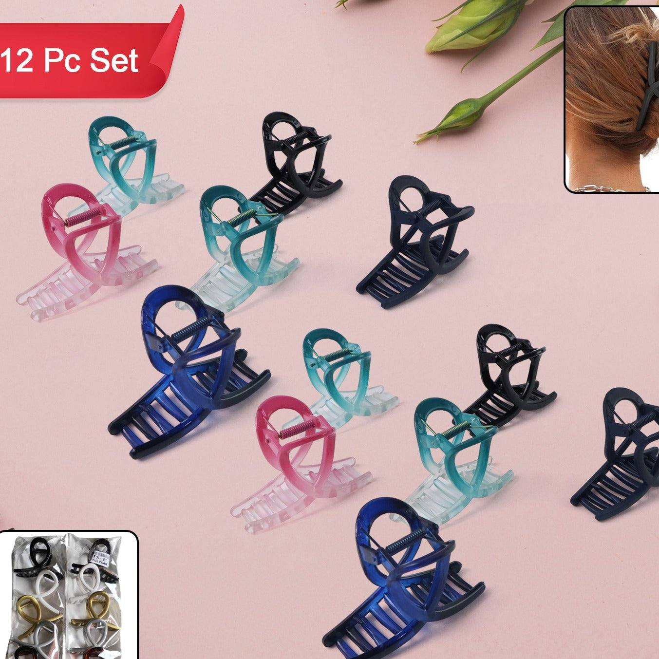 Plastic Hair Clamp Grip Simple Matte Hair Barrette Clamp (12 Pc   Mix Design) - Happy Price - Image 1