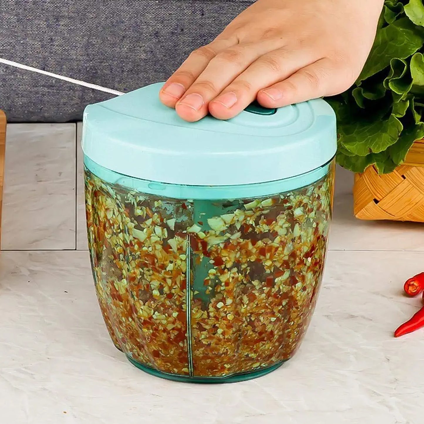 6 Blade 2in1 Manual Food Chopper Compact  Powerful Hand Held Vegetable Chopper (1000ml) - Happy Price - Image 3