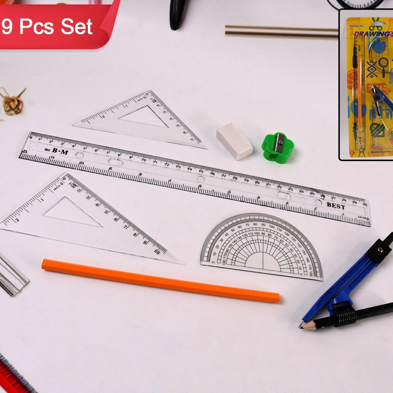 9 In 1 Stationery Set For School Student Office Draft Rulers - Happy Price - Image 1
