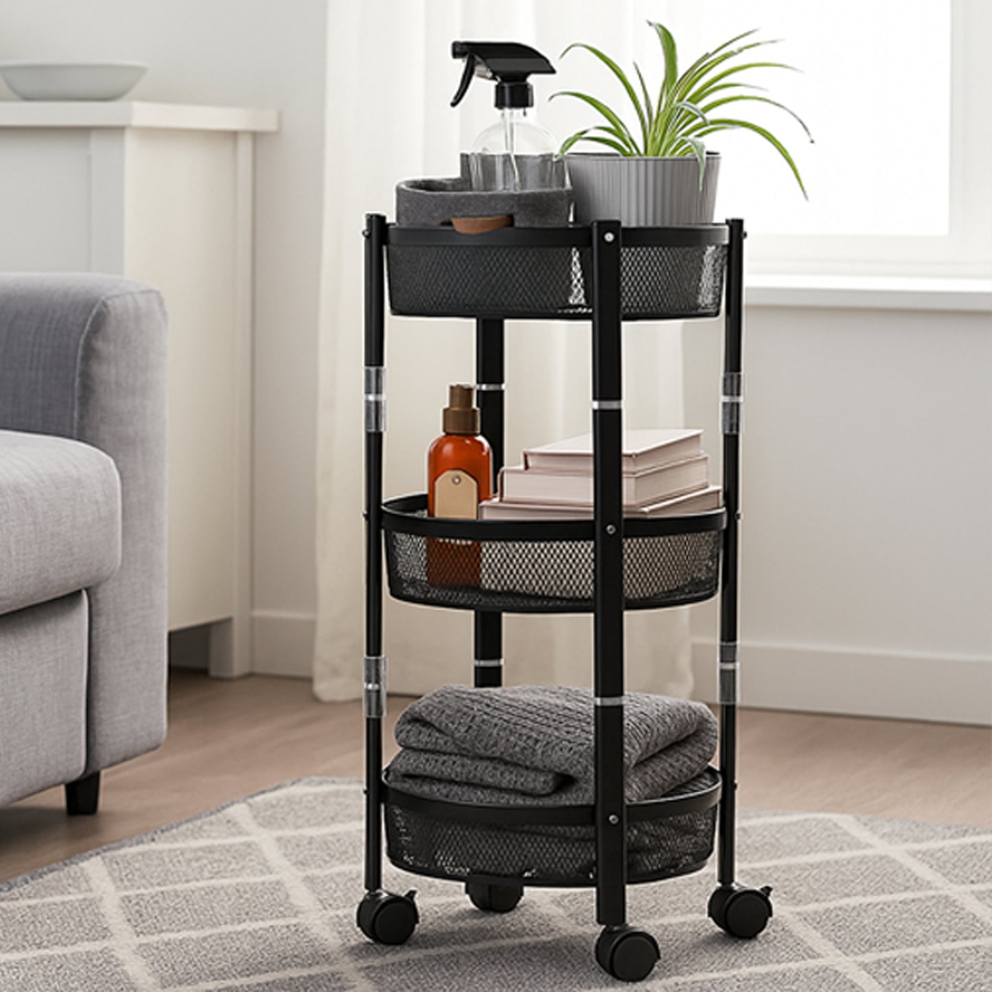 3-layer Round Metal Mesh Utility Storage Trolley With Wheels - Happy Price - Image 6