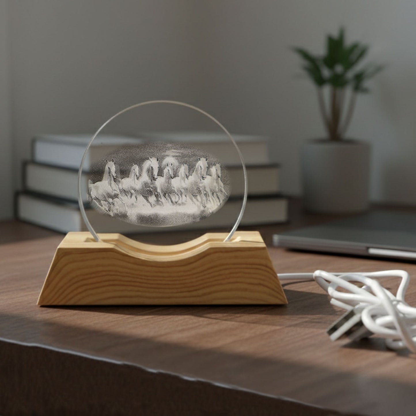 3D Crystal LED Table Lamp with Running Horses Design - Wooden Base, Ambient Light (1 Pc) - Happy Price - Image 5