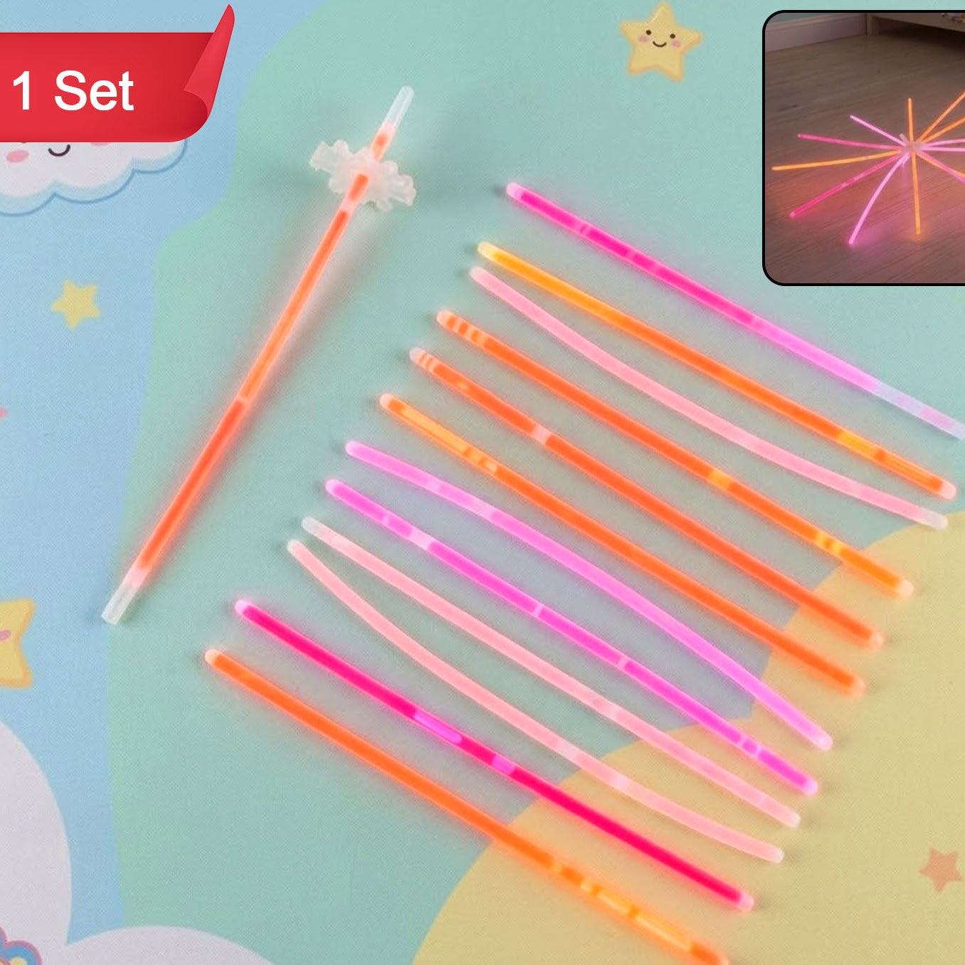 Neon Glow Stick Toy Set for Kids - 13 Flexible Wands with Connector - Happy Price - Image 1