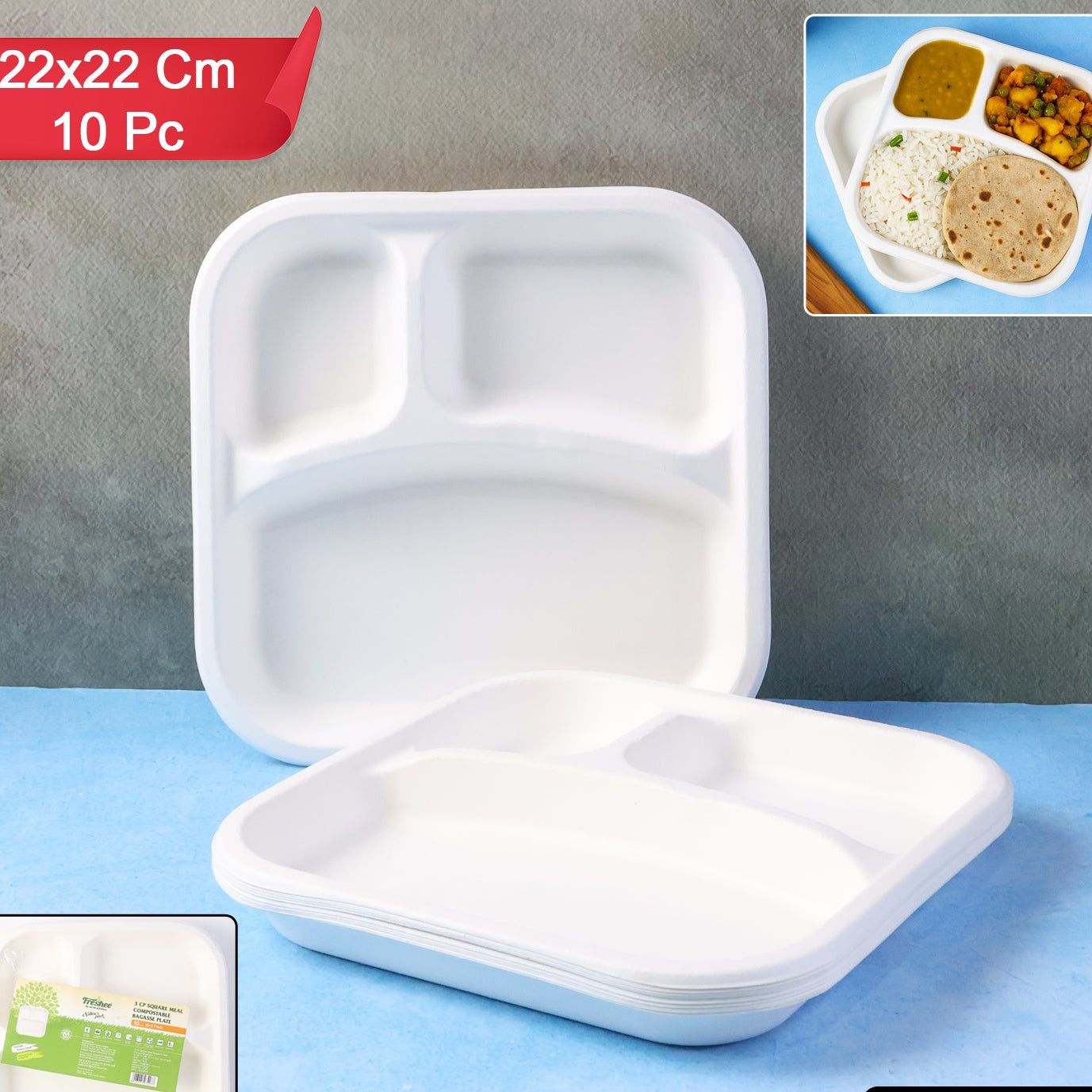 Compostable Bagasse 3-Compartment Square Meal Plates for Parties & Catering - Happy Price - Image 1