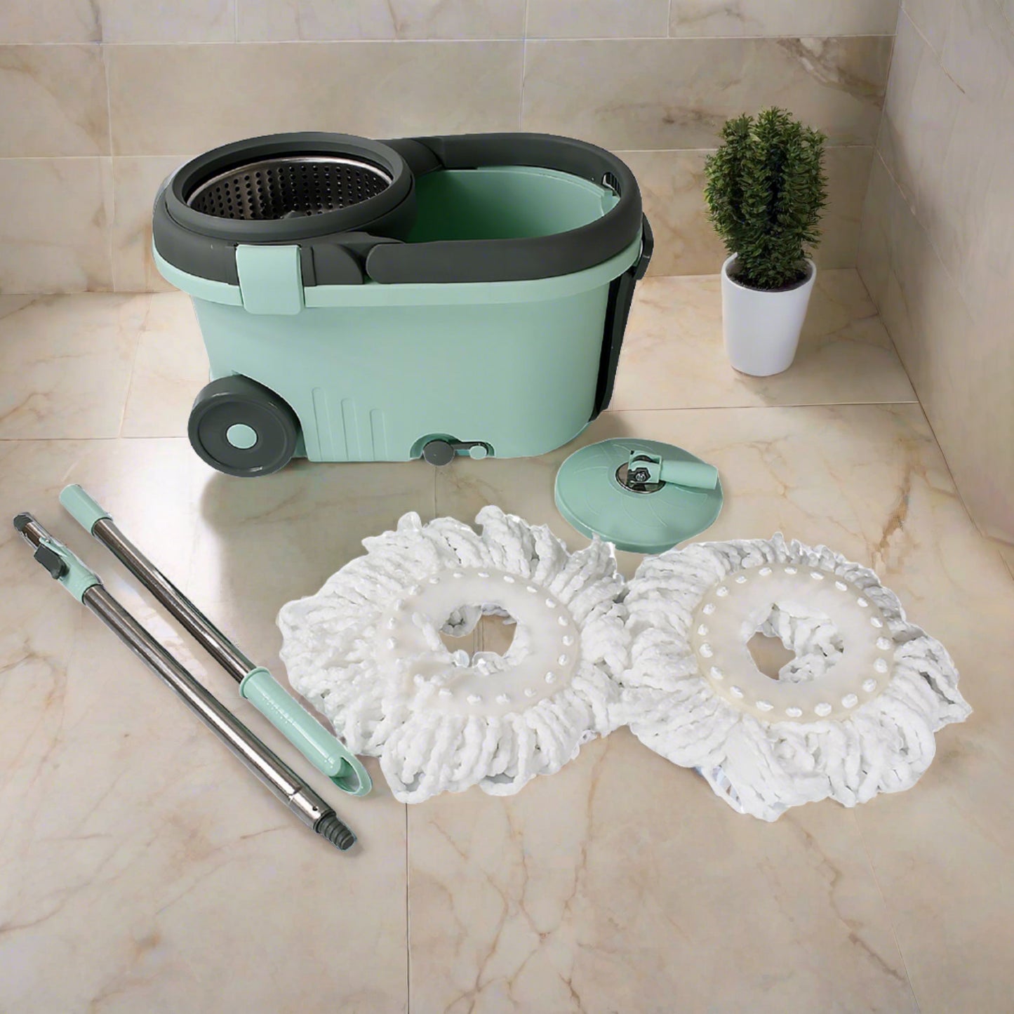 Ganesh Quick Spin Mop Steel Spin Bucket Floor Cleaning Easy Wheels  Big Bucket Floor Cleaning Mop With Bucket 2 Micro Fiber Head  Refill - Happy Price - Image 2