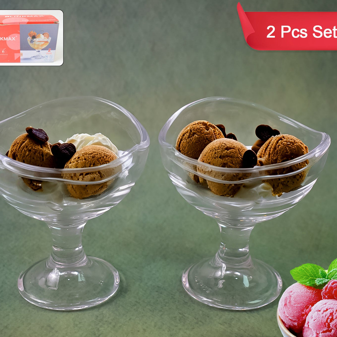 Glass Footed Dessert Bowl Ice Cream Cup (2 Pcs Set)