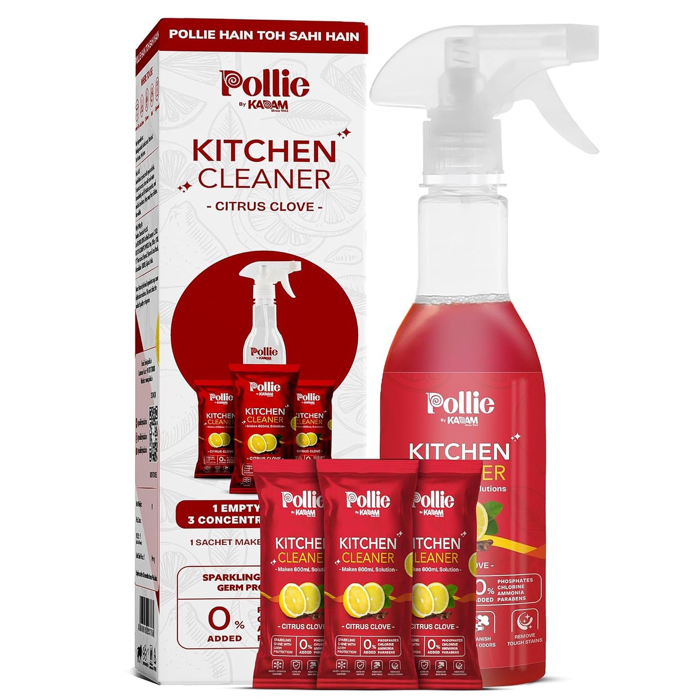 Kadam Concentrated Kitchen Cleaner Refill Kit with Spray Bottle - Citrus Clove, 3 Sachets for 600ml - Happy Price - Image 2