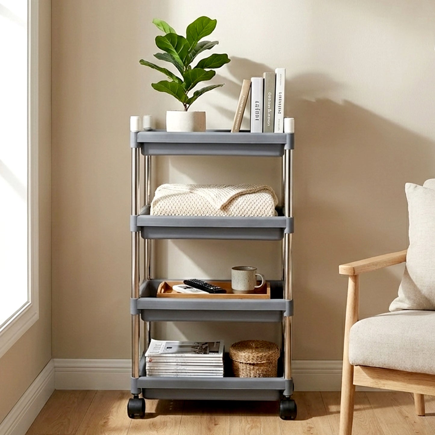 4-Tier Rolling Storage Cart with Wheels - Stainless Steel Frame Organizer - Happy Price - Image 5