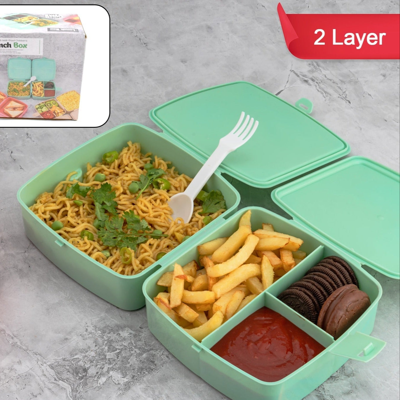 Double-layer Square Lunch Box With  Spoon  4 Compartment Tiffin  Push Lock  Plastic Tiffin Box For Travelling School Kids  Office Exclusive Home - Happy Price - Image 1